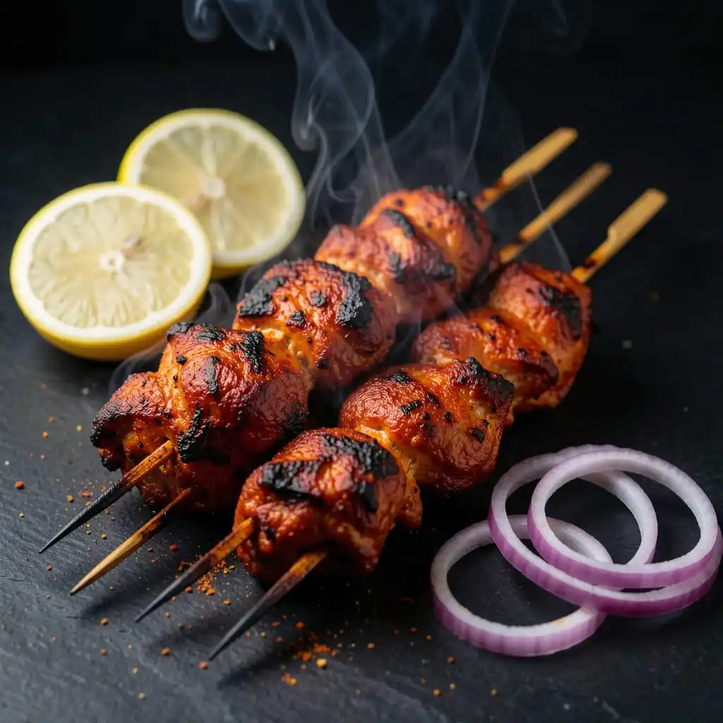 Brochettes de poulet marinées colorées et appétissantes servies au restaurant Namaste à Lyon.