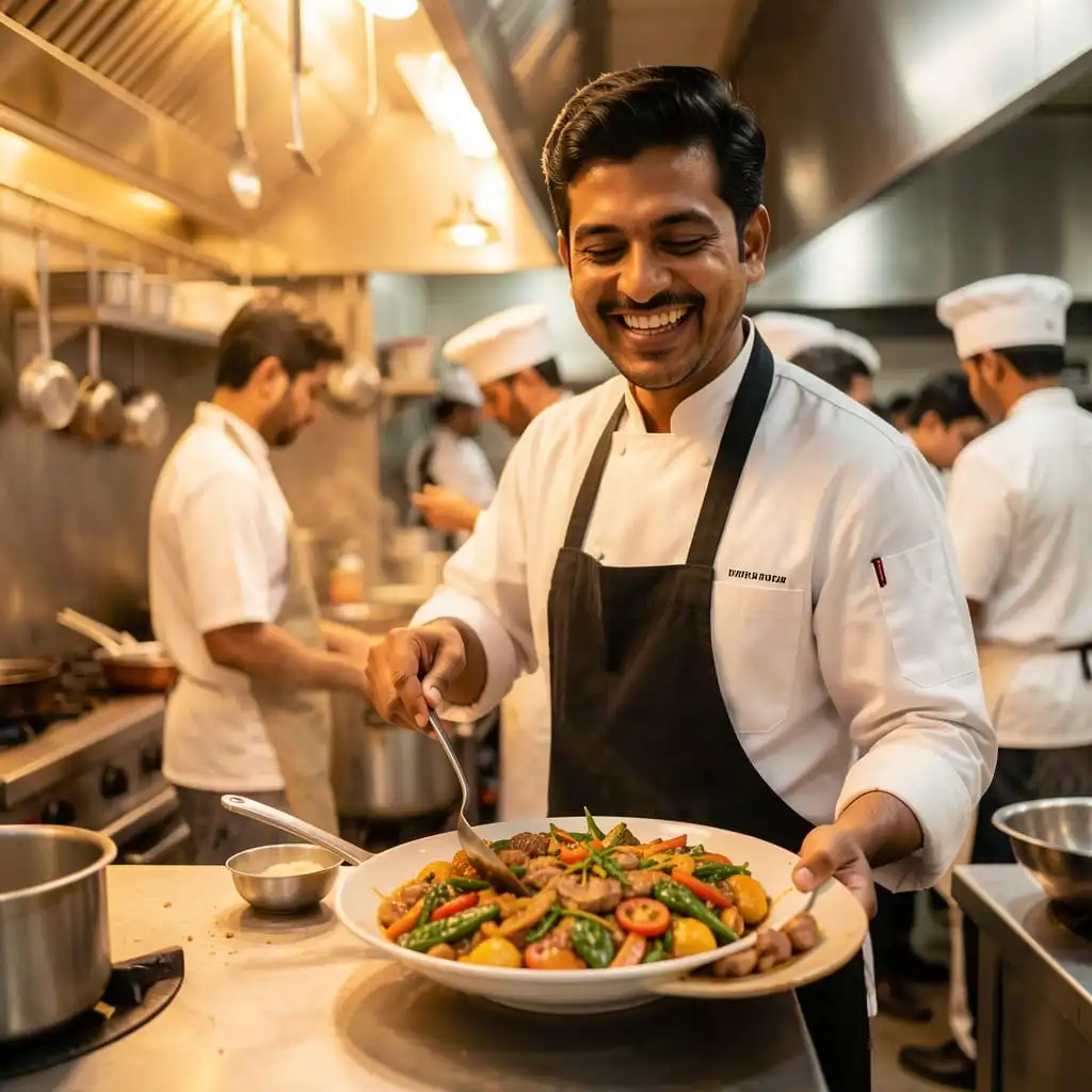 Serveur présentant des spécialités indiennes dans un restaurant à Lyon
