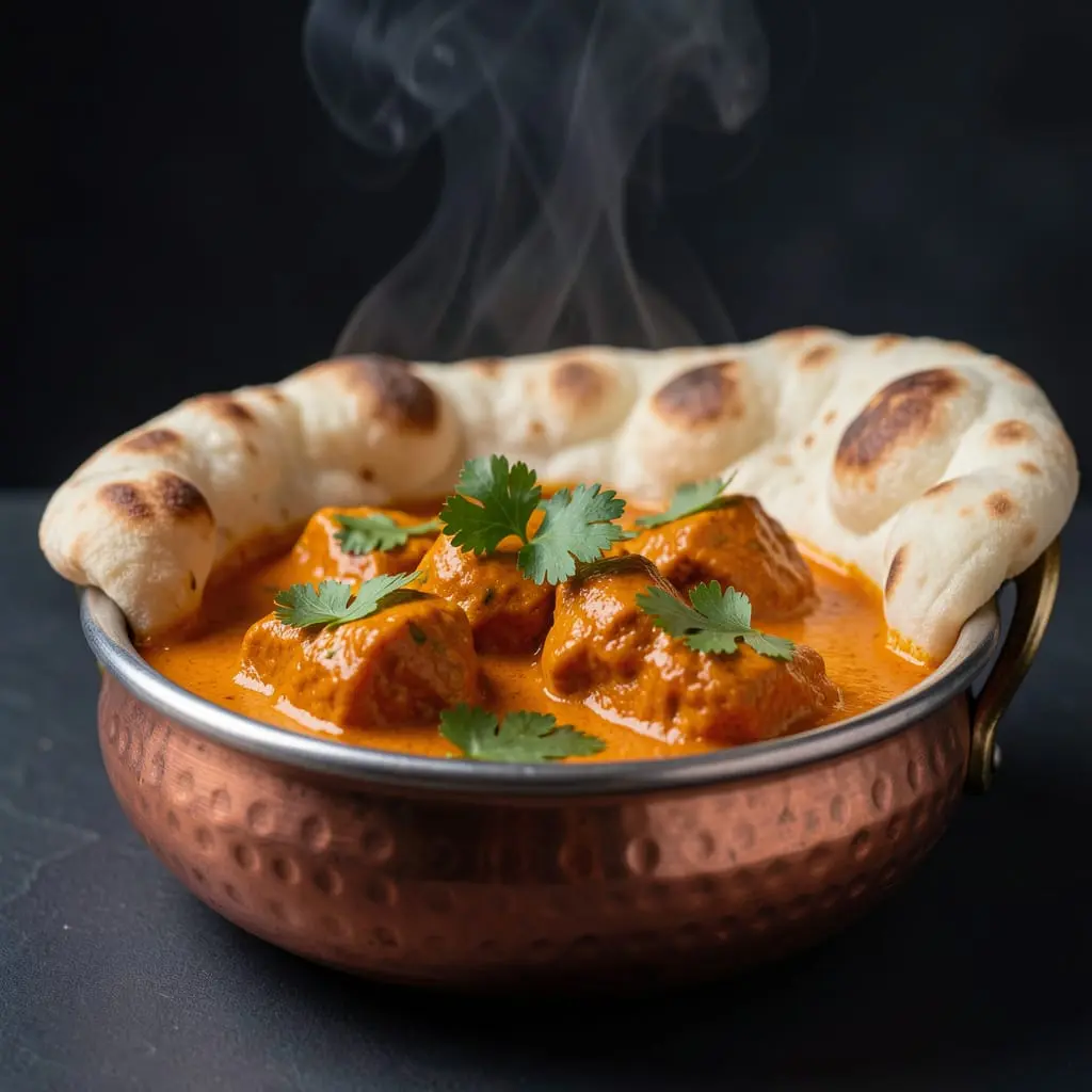 Naan plongé dans un curry de viande en sauce 