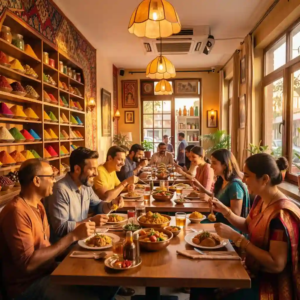 Groupe réuni autour d'une savoureuse cuisine authentique de l'Inde