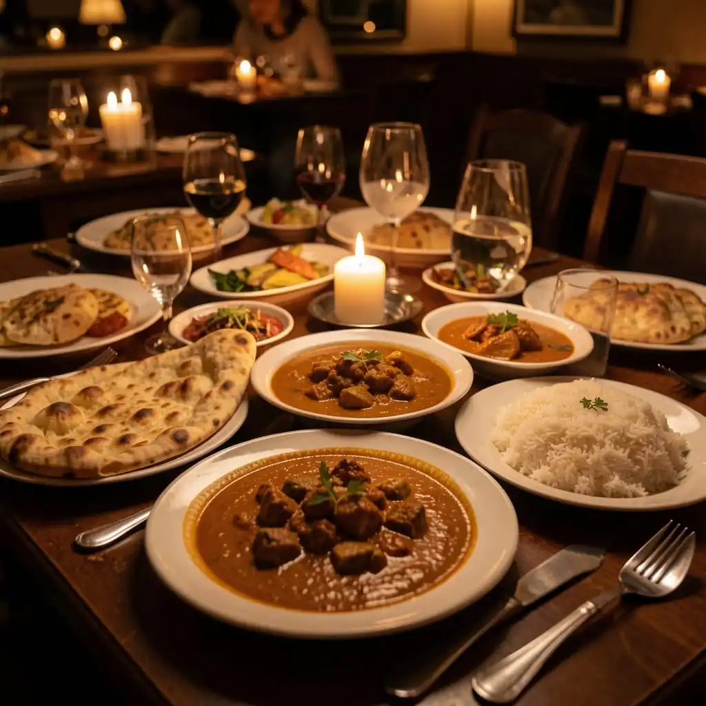 Table dréssée avec plats gastronomiques indiens