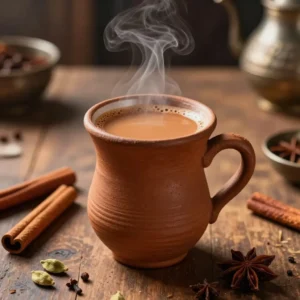 Chai indien fumant dans une tasse en terre cuite