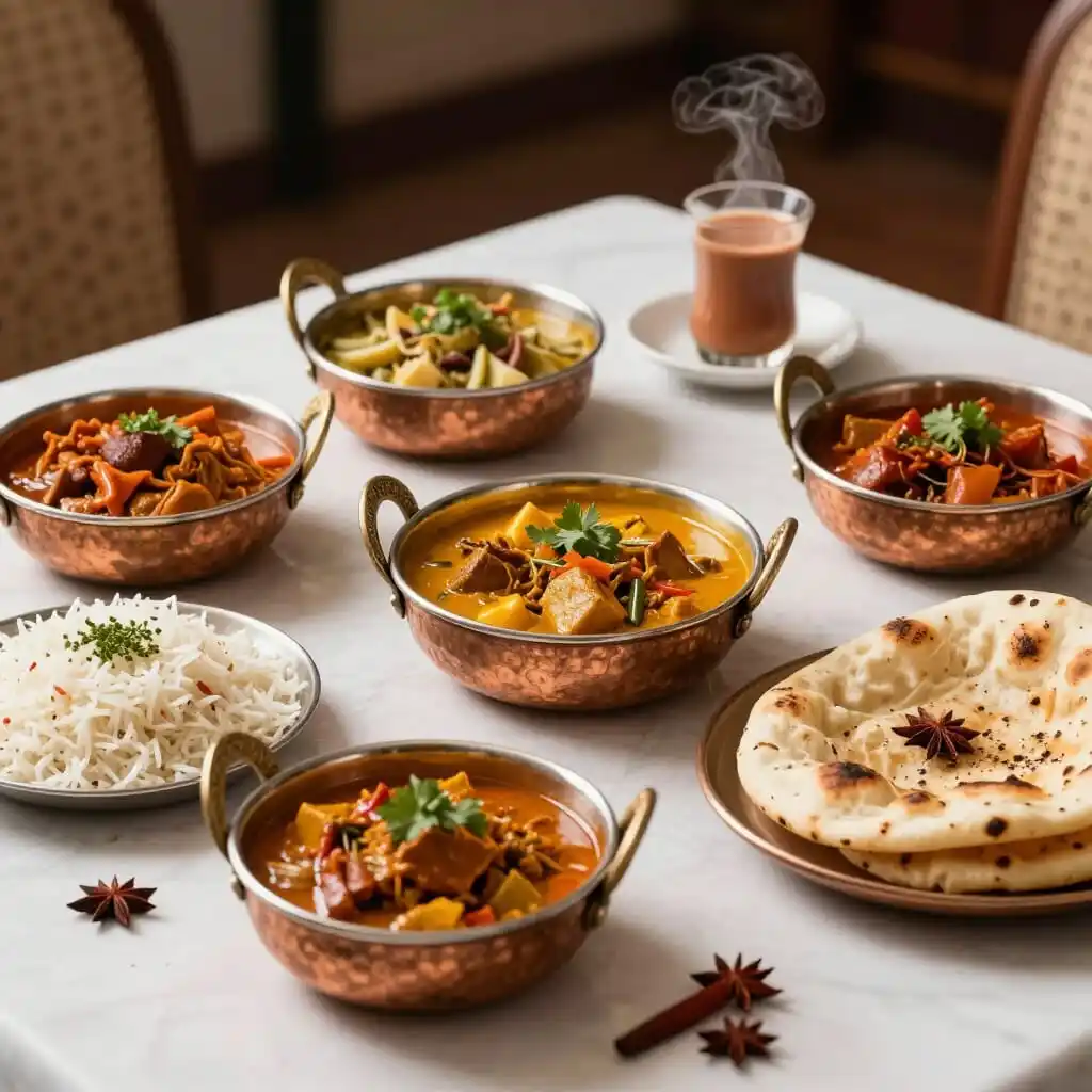 Cuisine indienne traditionnelle avec plats épicés, curry, naan et épices d'Asie du Sud
