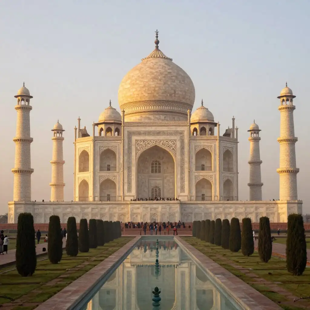 Taj Mahal à Agra illuminé par la lumière dorée du lever du soleil