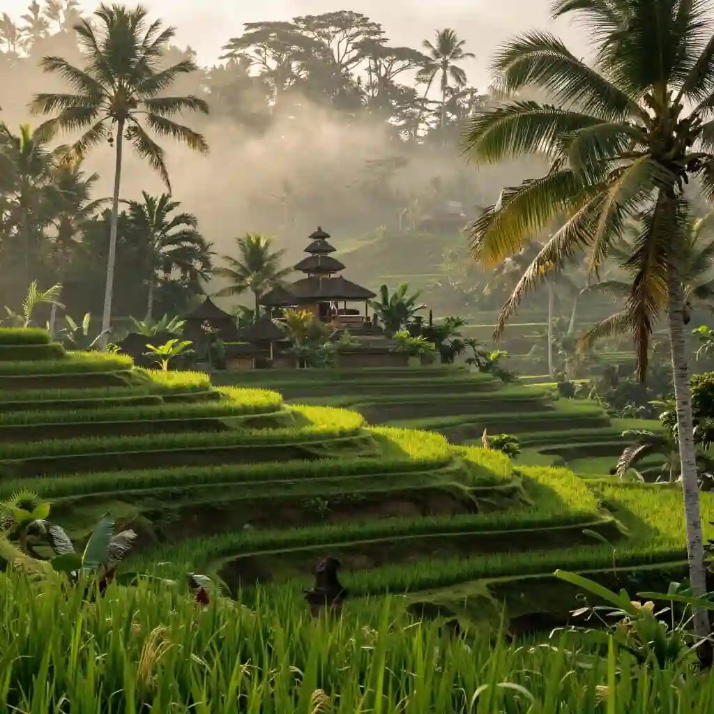 Rizières verdoyantes de Bali avec temple traditionnel balinais