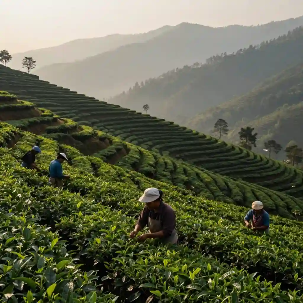 Plantations de thé verdoyantes dans les collines de Darjeeling