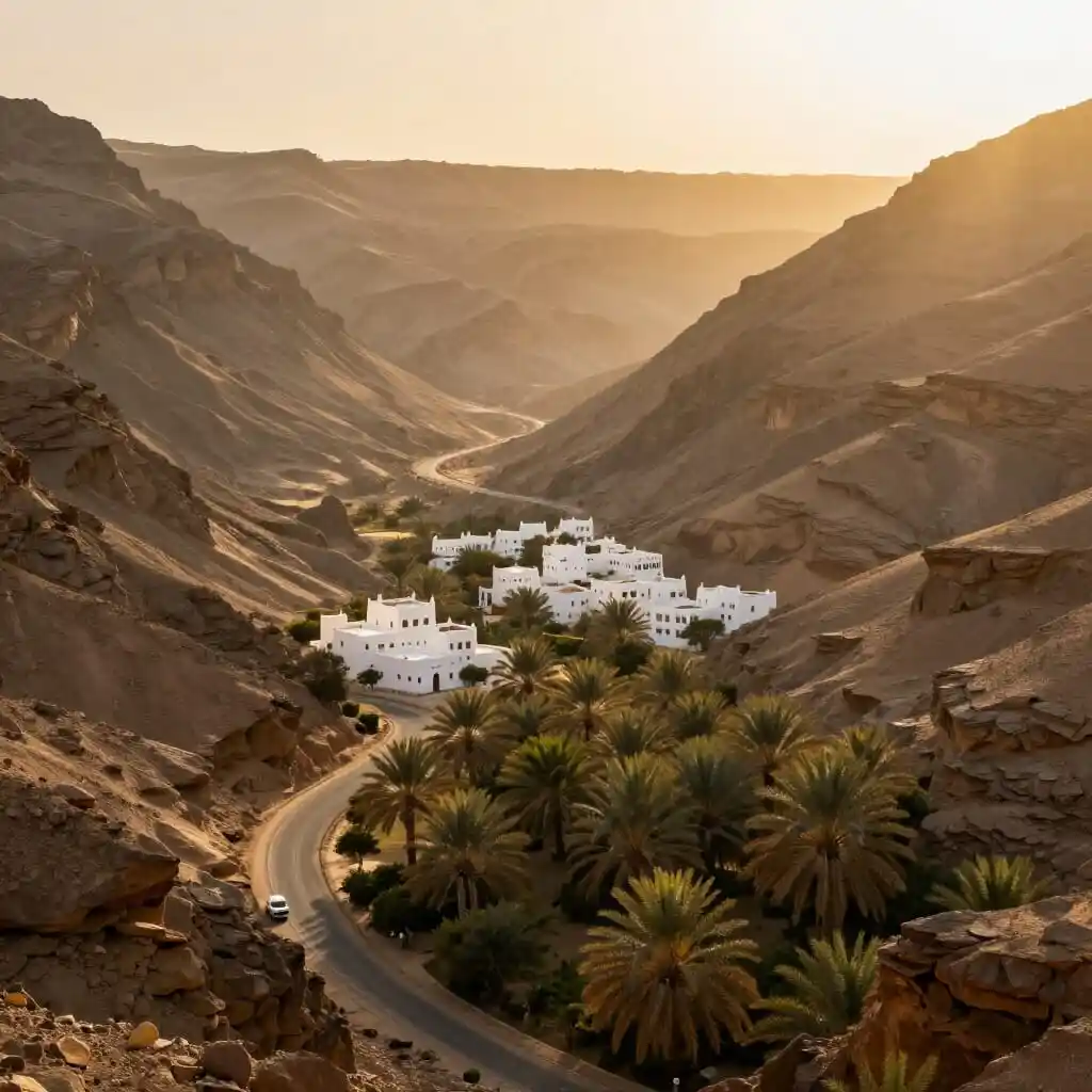 Paysage d’Oman avec montagnes désertiques, oasis et village traditionnel