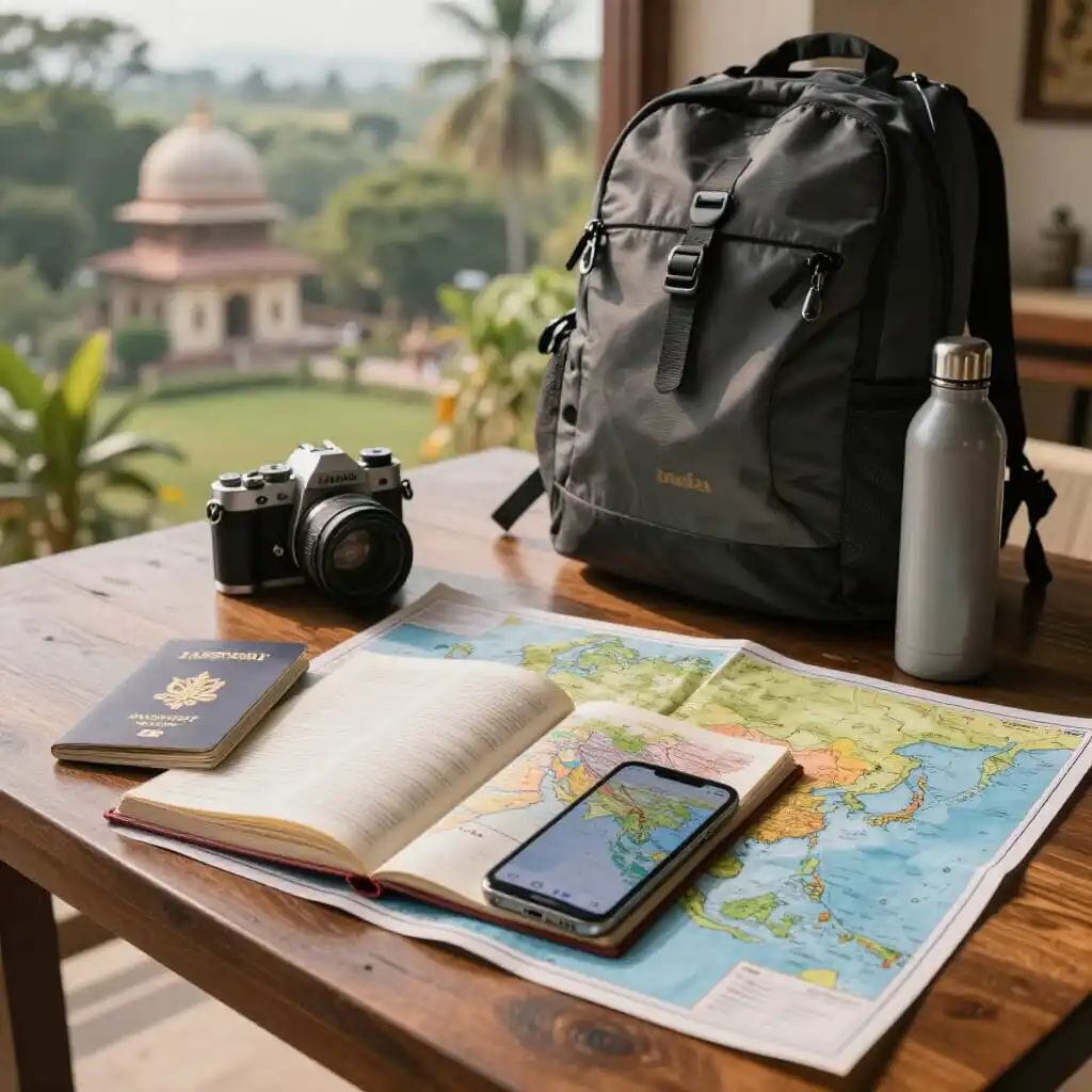 Préparation d’un voyage en Inde et en Asie avec guide, carte, passeport et accessoires de voyage