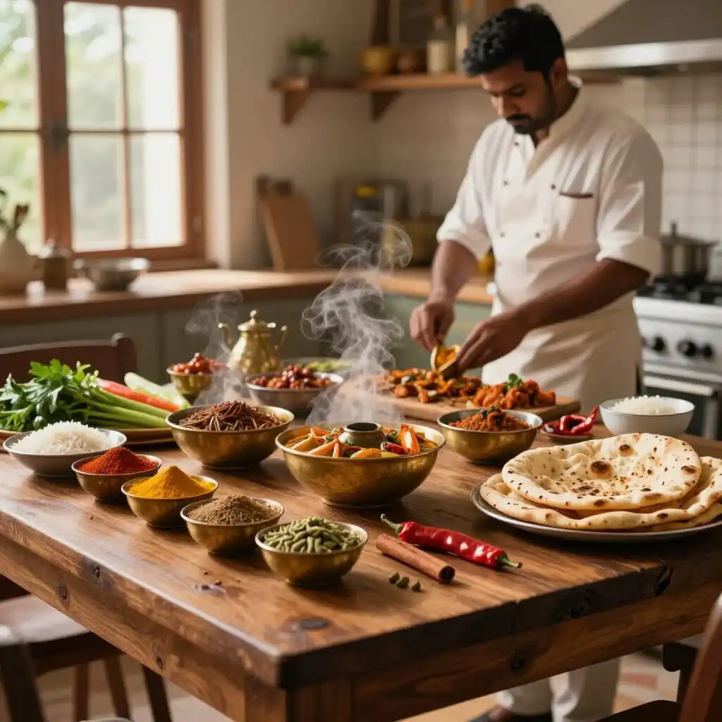 Cuisine indienne maison avec plats traditionnels, épices et ingrédients frais