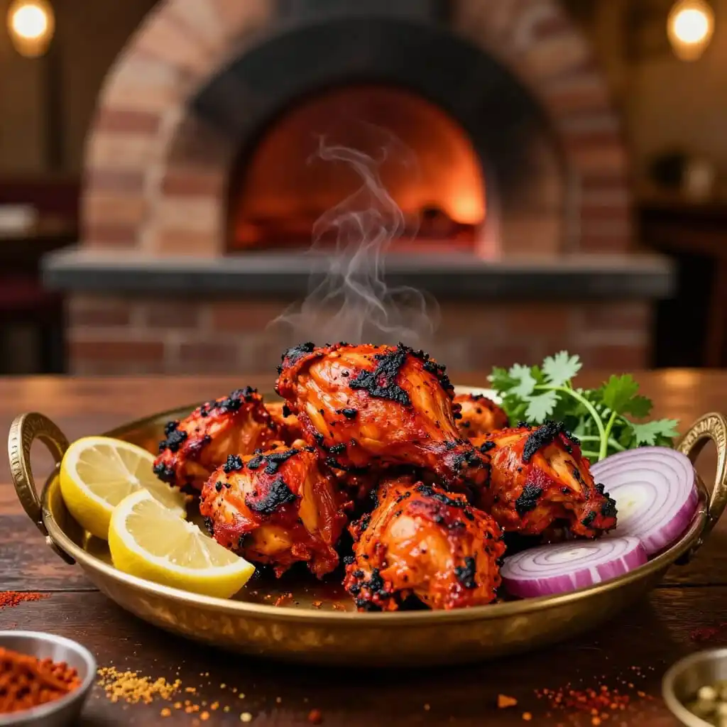 Poulet tandoori indien grillé servi avec citron, oignons et coriandre